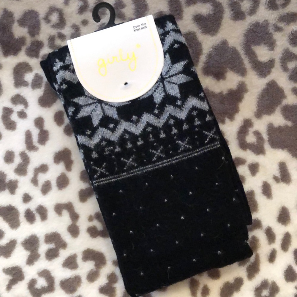 Girly Black Gray Snowflake Dot Pattern Over The Knee Socks